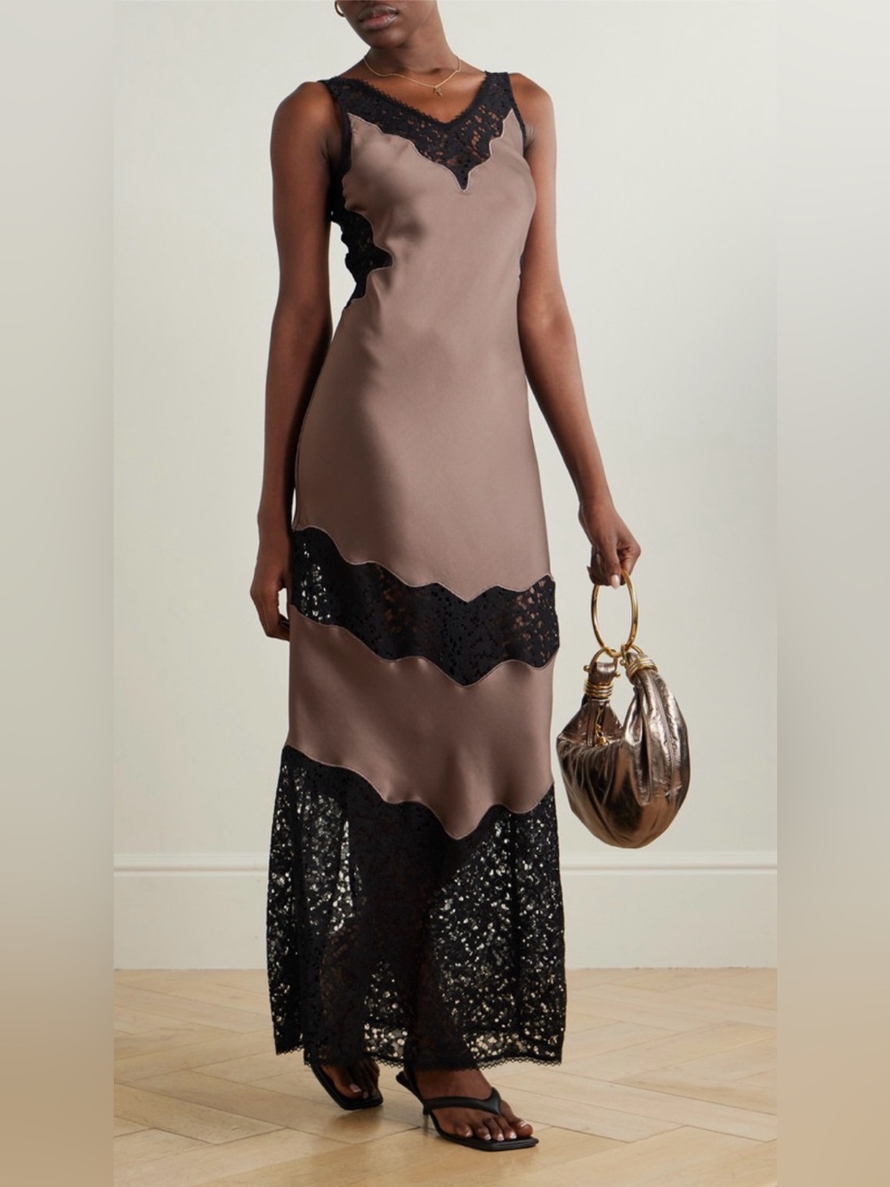 SIMKHAI Lacey Satin Maxi Dress | Mocha Black NWT